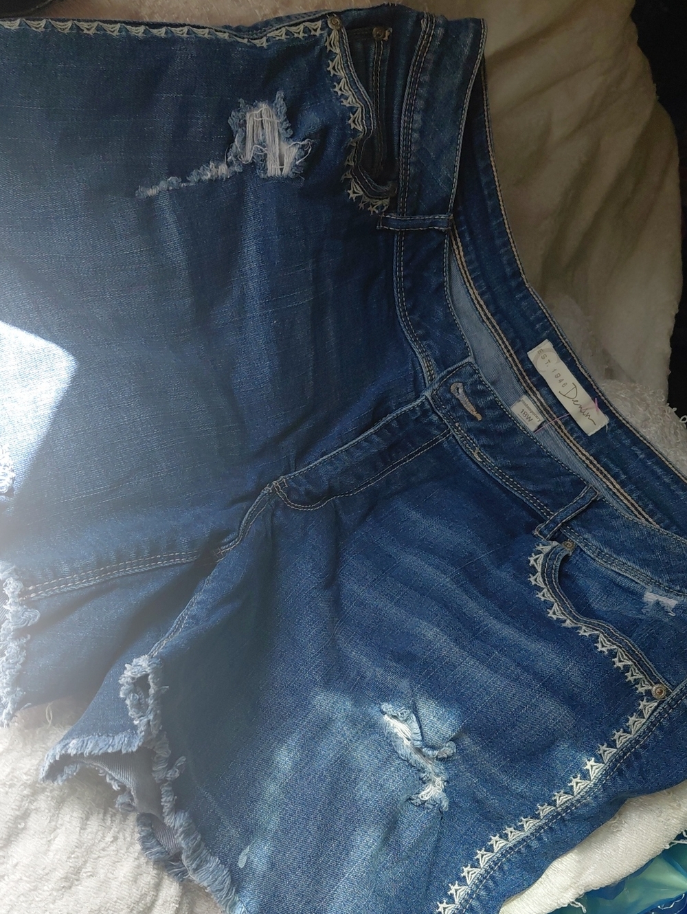 Distressed Blue Denim Jean Shorts - Women's